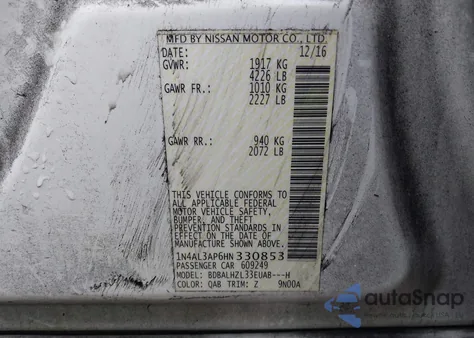 2017 Nissan Altima 2.5 Sr z USA, uszkodzony, nr VIN 1N4AL3AP6HN330853